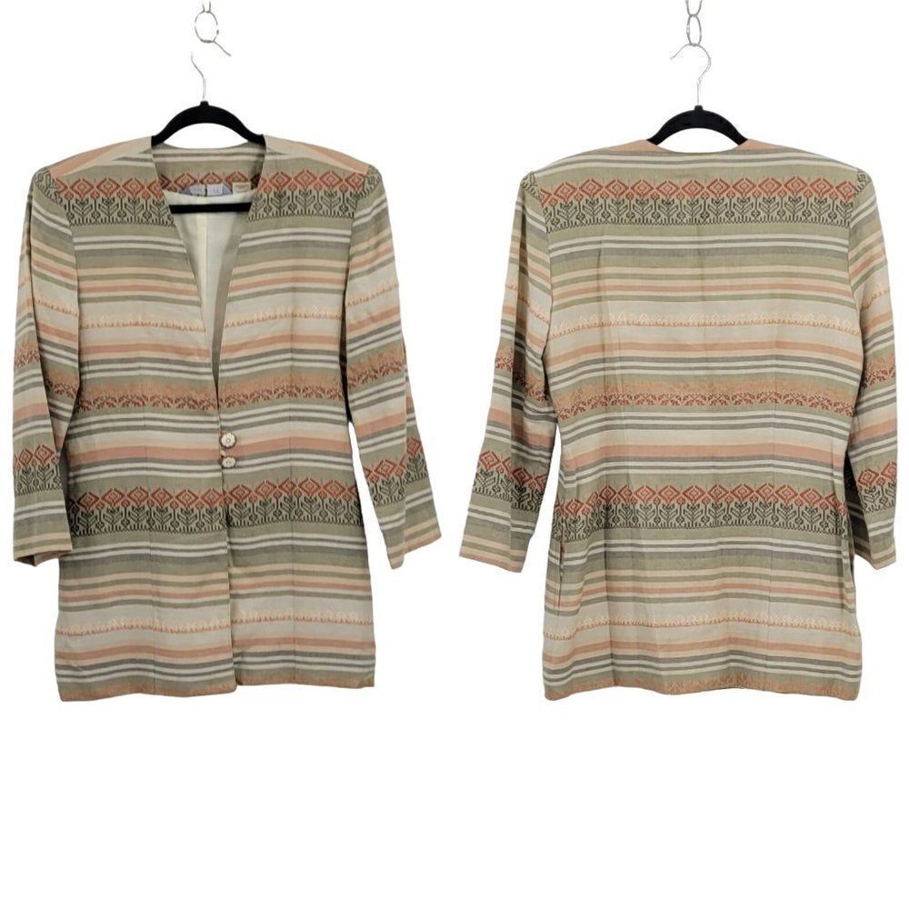 Vintage Southwestern‎ Blazer M Sage Rust Linen Embroidered 2 Button Duster USA